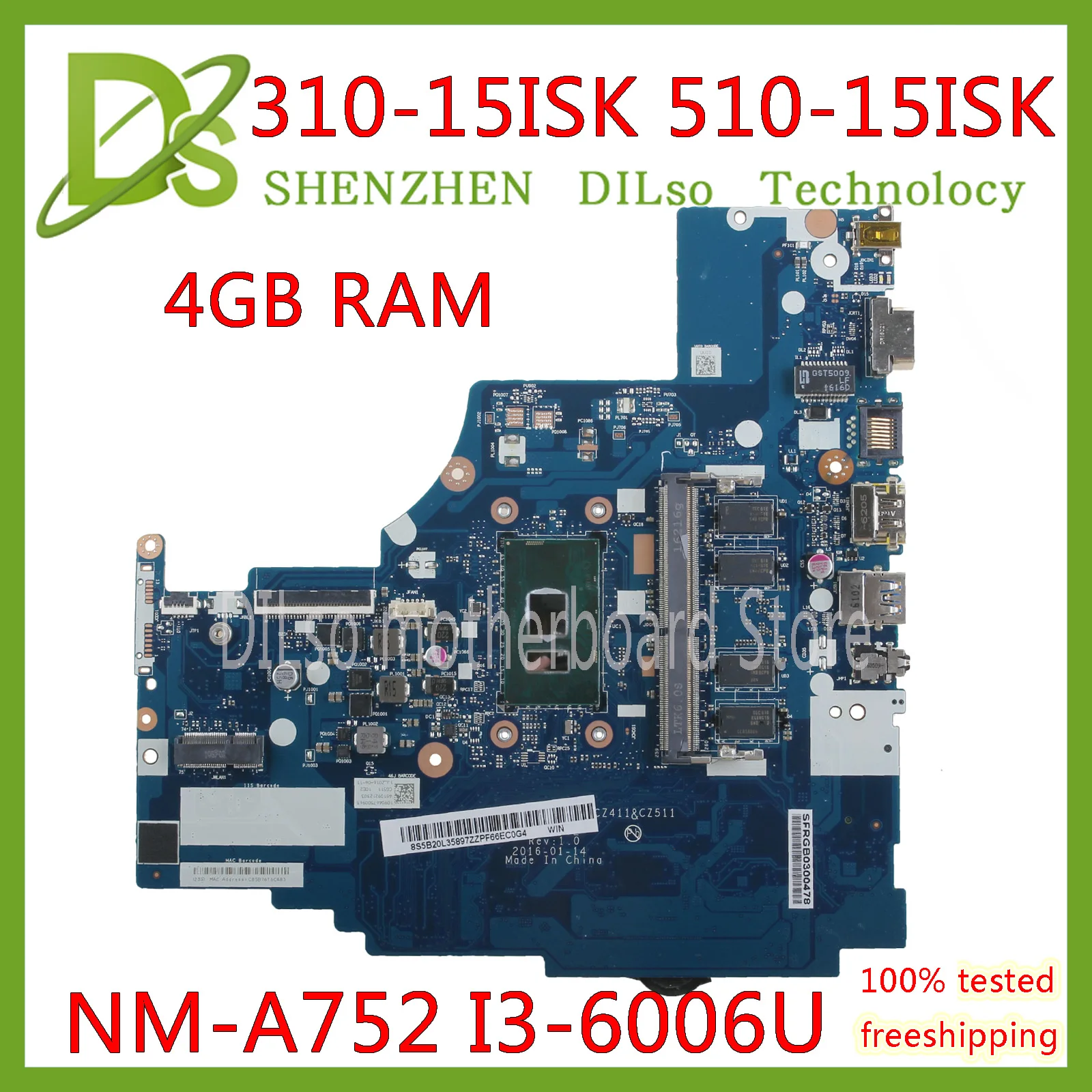 Greatest  KEFU NM-A752 motherboard for Lenovo 310-15ISK 510-15ISK laptop motherboard For I3-6100U/I3-6006U 4G