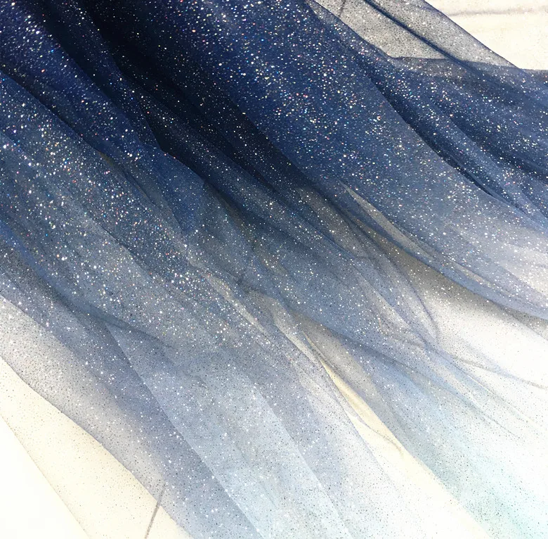 

Deep Blue Light Blue and Black Gradual Star-Sky Gold-stamping Powder-sprayed Sequins Transparent Tulle Mesh Fabric