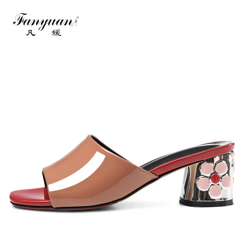 

fanyuan new fashion women high Heels Slippers Summer classics Genuine leather Flower Studded heels ladies Formal Dress Slippers