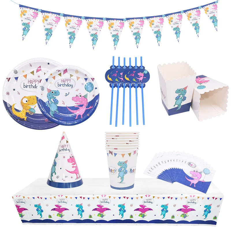 

Birthday Party Decoration Dinosaur Disposable Tableware for Kids Birthday Plate Paper Cup Tablecloth Banner Straw Party Supplies
