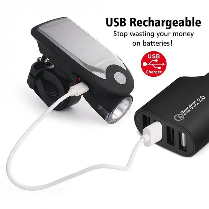 Discount LED USB Rechargeable Bike Light Headlight Solar Energy Bicycle Front Light Waterproof with 360 Degree Rotating Mount WHS 8