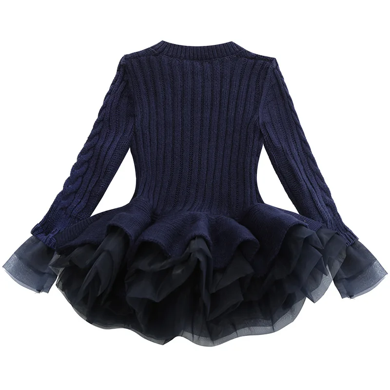Свитер для девочек; сезон осень-зима; платье-свитер из органзы для девочек; пышное платье принцессы с длинными рукавами; платье для выступлений в школьном стиле - Цвет: Dark blue