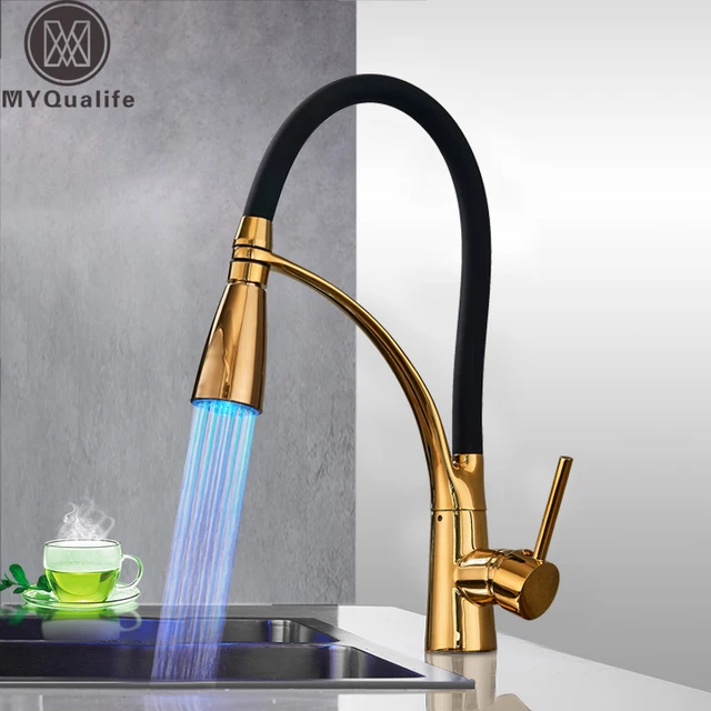 Special Price Golden Hot cold Water Faucet for Kitchen LED Light Kitchen Sink Mixer Tap Deck Mounted Kitchen Faucet 360 Swivel Neck