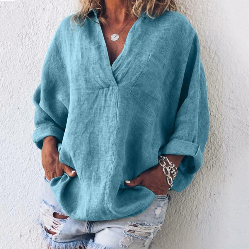 

Solid Sexy V-Neck Shirts Women Casual Long-Sleeved Pocket Pullovers Female Loose Plus Size 5XL Breathable Blouse Office Lady Top