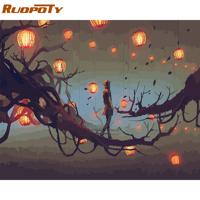 

RUOPOTY Frame DIY Painting By Numbers Light Trees Picture By Numbers Acrylic Paint On Canvas Handpainted Home Wall Decors Gift