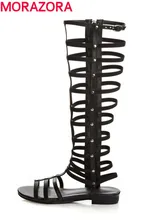 MORAZORA 2017 New Roman genuine leather sandals flat heels sandals platform punk rock black zipper knee high summer boots shoes