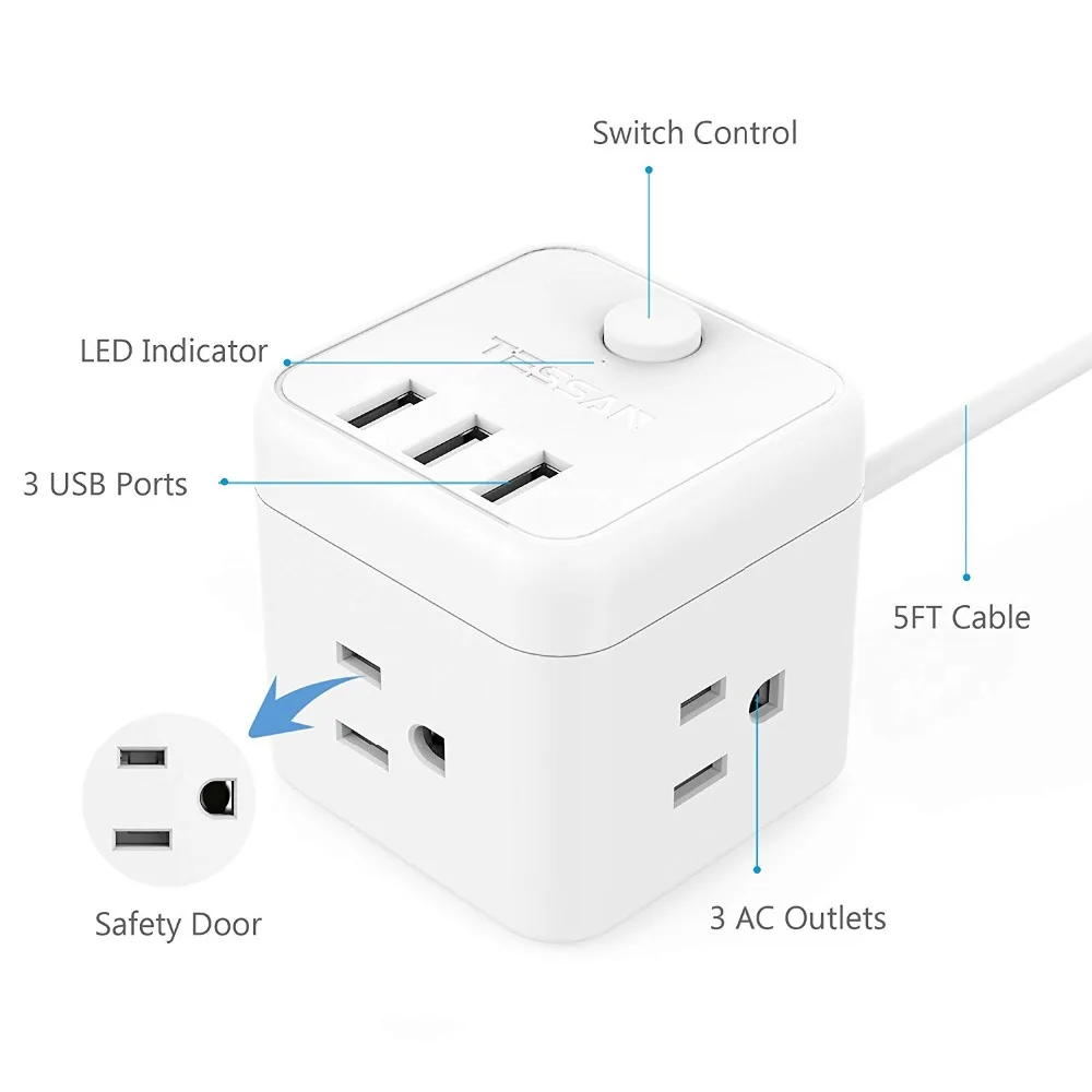 Tessan портативная мини-полоска питания с 3 USB переключателем управления, 3 розетки зарядная станция поп розетка для США 5 футовый удлинитель