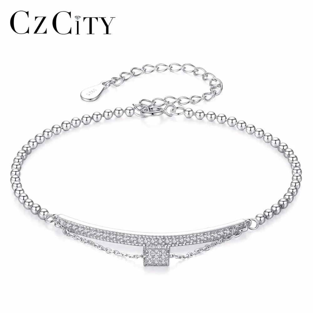 

CZCITY Brand Double Layers 925 Pure Silver Bracelet Original Certified CZ Charm Simple Style Girl Jewelry Friendship Bracelets