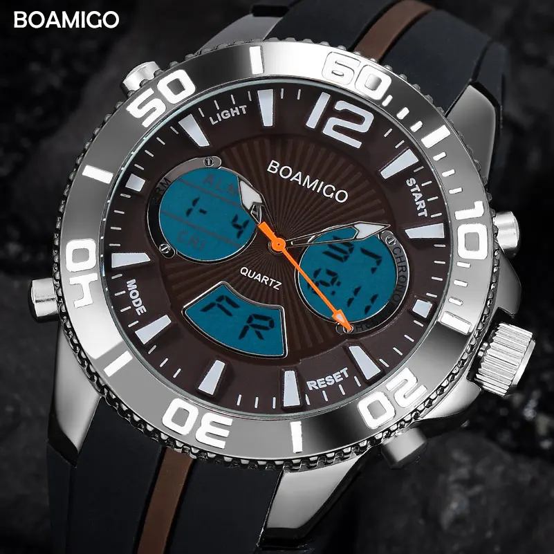 

BOAMIGO Brand Military Digital Watches Mens Sports Watch Analog Quartz Movement LED Rubber Brown Clocks Waterproof Wristwatches