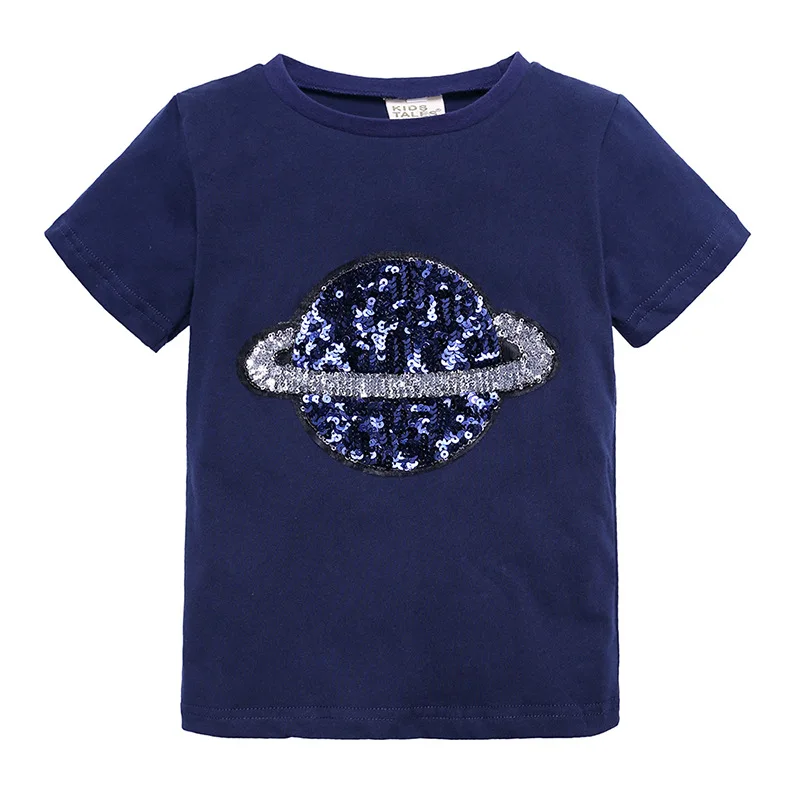Г., летняя модная повседневная футболка для маленьких мальчиков и девочек с блестками и принтом «Планета» Однотонная футболка для маленьких девочек одежда с короткими рукавами От 1 до 8 лет