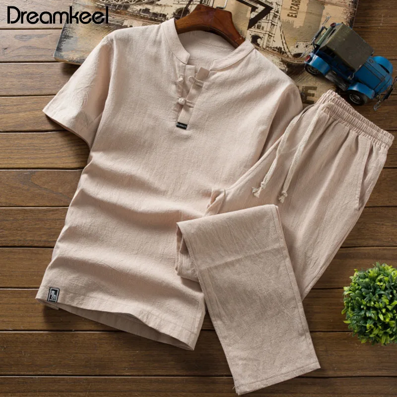 

Cotton and linen thin linen set slim solid color short-sleeved T-shirt large size loose casual breathable trousers Solid Y