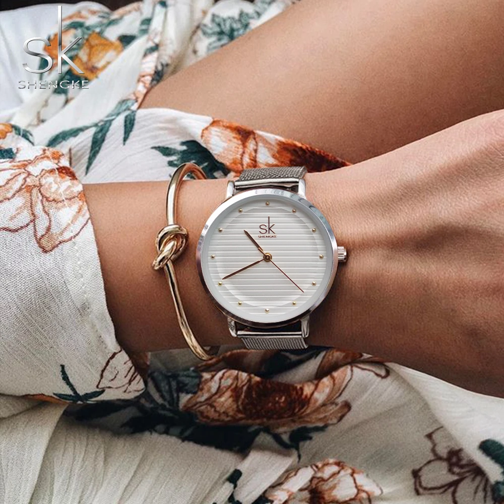 SK Top Luxury Brand Fashion Womens Watches Clock Women Steel Mesh Strap Silver Bracelet Quartz Watch Reloj Mujer 2018 New Hot