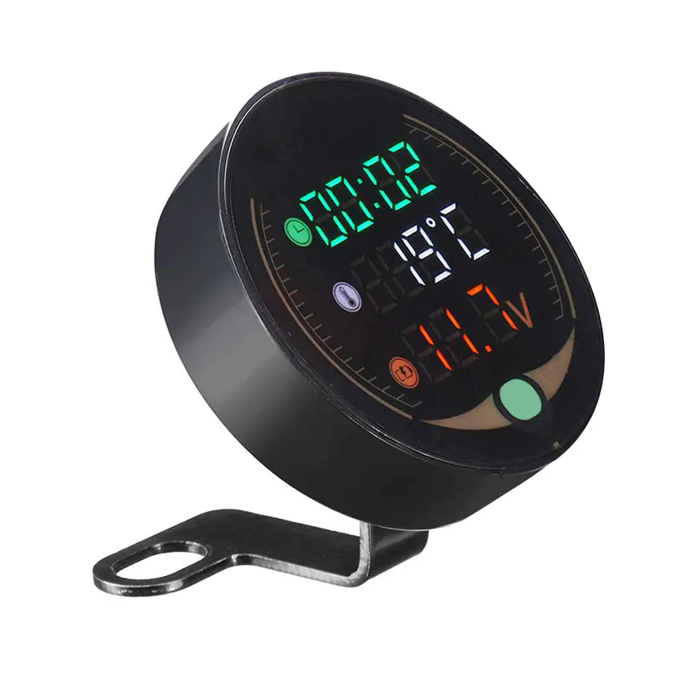 3in1 Black Voltage Meter Electronic Digital Thermometer Clock Time Waterproof ATV Motorcycle Universal Modified