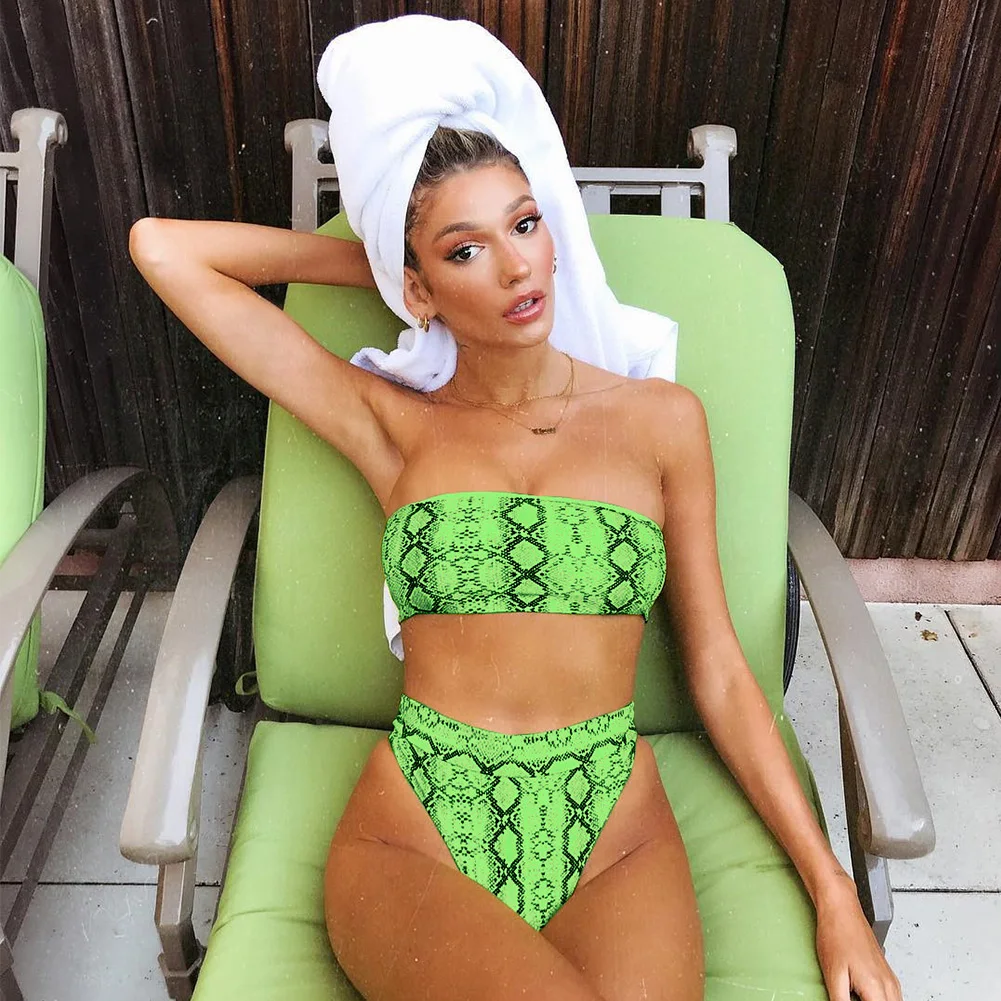 

Bikini Set Casual Elastic High Cut Summer Serpentine Pattern Polyester Hoilday Sexy Strapless Two Piece Bra And Briefs Charming