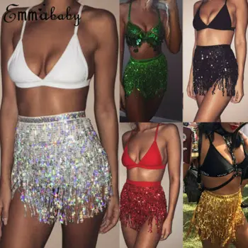 

Womens Skirt Sequin Shiny Club 2019 Sexy Women Tassel Sliver Skirt Ladies Sparkly High waist Party Dance Bling Fringe Mini Skirt