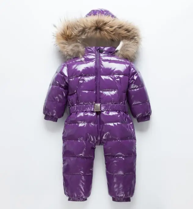 Детские теплые комбинезоны на утином пуху для русской зимы; Детские лыжные комплекты; ветрозащитные комбинезоны с капюшоном и большим меховым воротником-35 - Цвет: purple