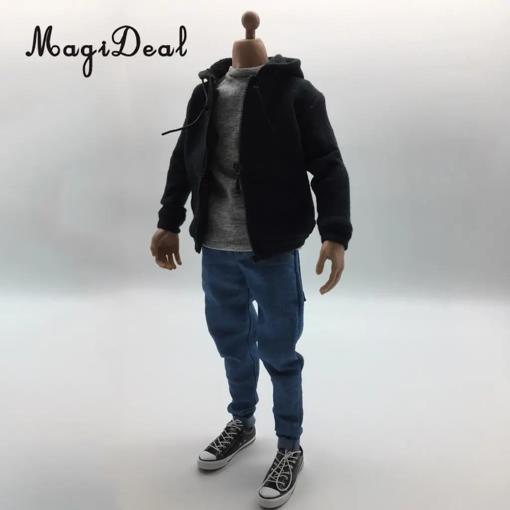 MagiDeal Hot Sale 1Set 1/6 Scale Mens Clothes Black Hoodie T-shirt Jeans Belt Canvas Shoes for 12 Inch Action Figures Model