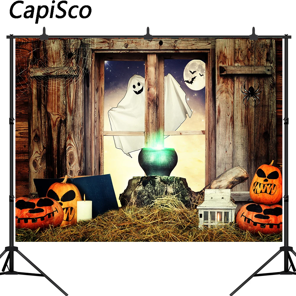 

Capisco Wooden Window Halloween Photo Backdrops ghost Pumpkin Lanterns Full Moon Baby Kids Photography Studio Backgrounds
