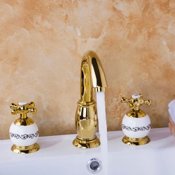 

Lurxury Golden Superior in Quality Deck Mounted Bathroom Basin Sink Bathtub Double Handles Hot Cold Water Mixer Basin Faucet