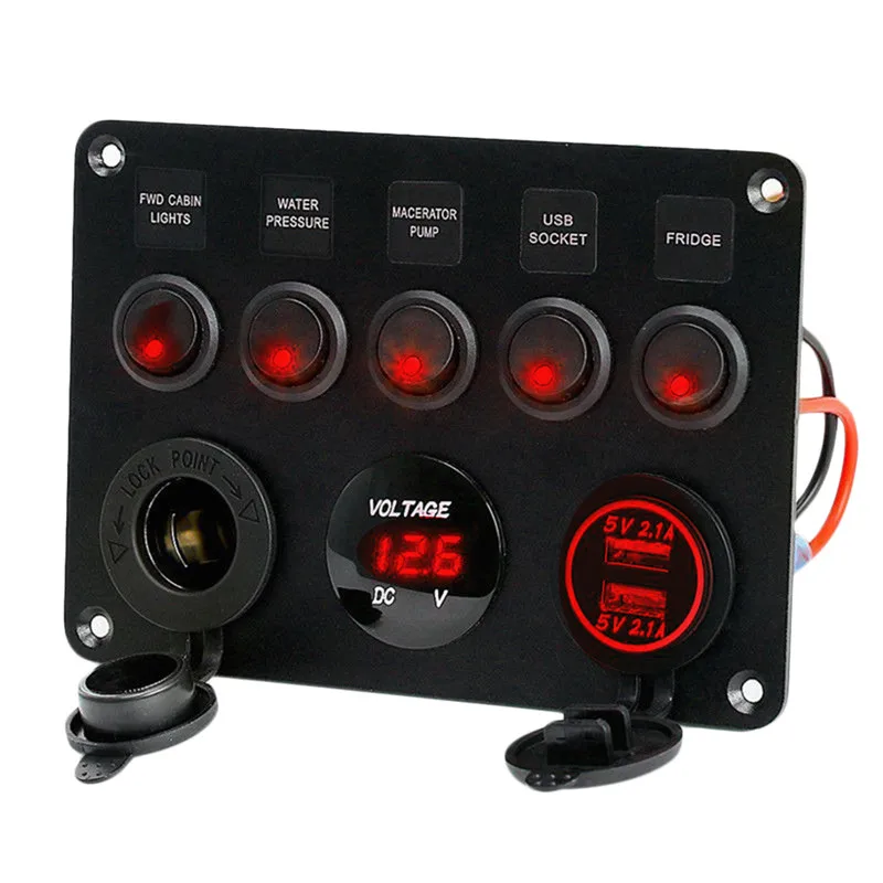 

Dual USB Socket Charger 2.1A&+LED Volt+12V Power Outlet+5 Gang ON-OFF Toggle Switch Panel for Car Boat Marine RV Truck#288304
