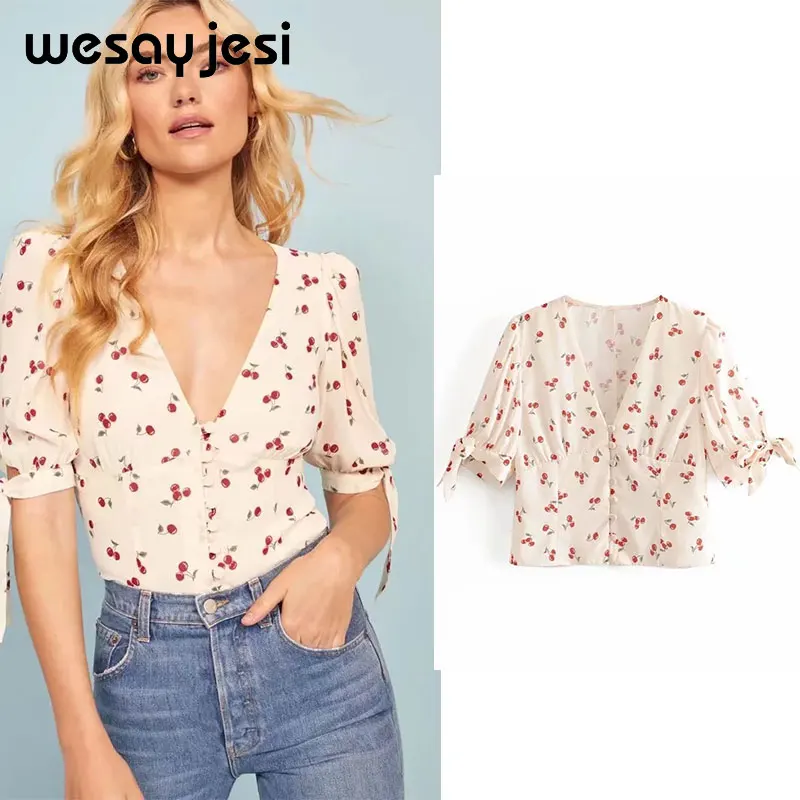 

2019 blusas mujer de moda england style short sleeve Cherry print summer streetwear v neck kimono blouse womens tops and blouses