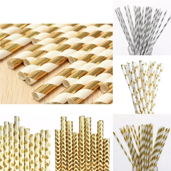 

100pcs Gold Foil Paper Straws, Silver Foil Stripped Paper Straw, Pink Blue Dotted Paper Straw For Birthday, Wedding, Baby Shower