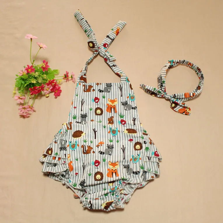 

2019 New Arrival Retail Baby Clothes ,Lovely fox pattern Baby Bubble Romper,Halter Back and Ruffle Bottom Girls romper Jumpsuit
