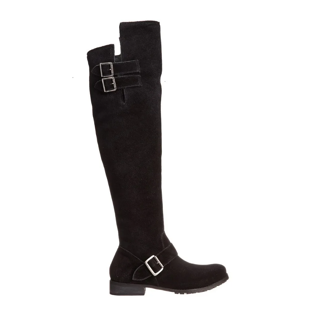 

Newest long Motorcycle boots black round toe low heels over the knee boots women buckle decor suede ladies shoes winter 2018