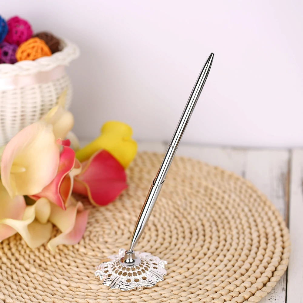 

2colors Alloy Wedding Guest Signature Pen & Hollow Round Pen Holder Set for Wedding Engagement Bridal Shower--Silver