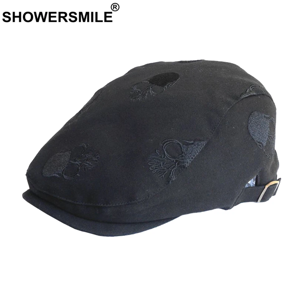 SHOWERSMILE, мужской берет, летний, черный, хлопок, плоская кепка, Череп, вышивка, плюща, утконоса, кепка, регулируемая, Ретро стиль, высокое качество, мужская плоская шапка