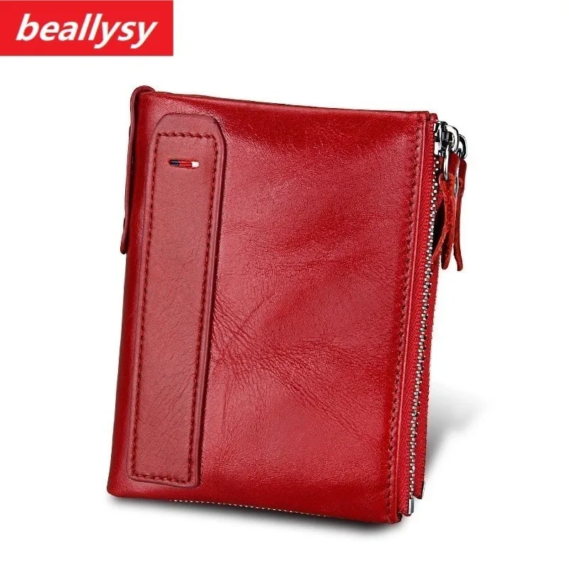 

Crazy Horse Genuine Leather Women Wallets Credit Business Card Holders Double Zipper Cowhide Leather Wallet Purse Carteira