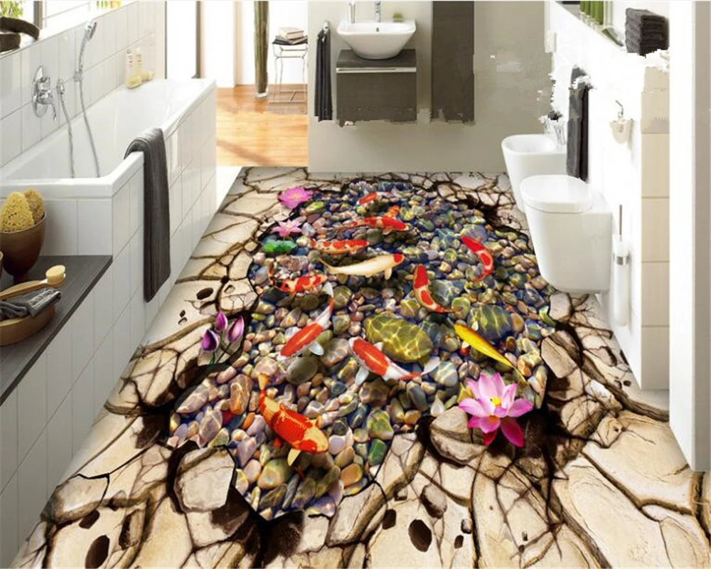 

beibehang papel de parede Fashion high-end indoor wallpaper lotus Koi Creek stone 3D bathroom floor tiles 3d flooring wall paper