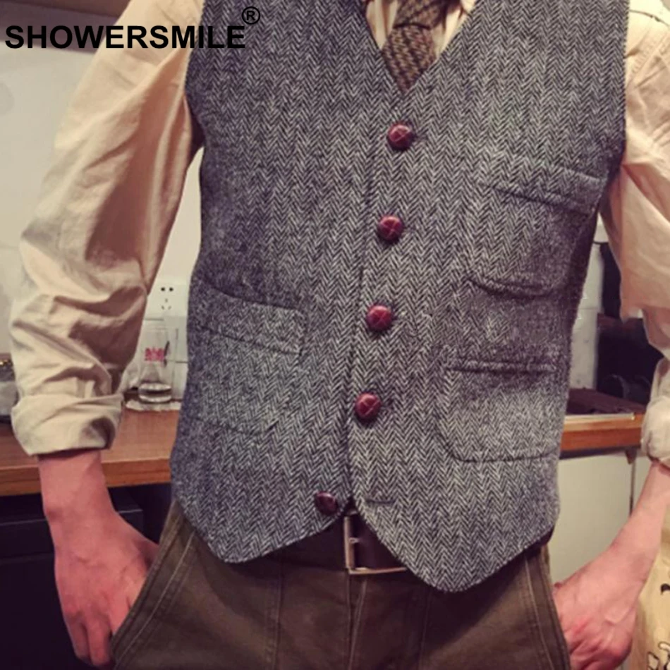 SHOWERSMILE твидовый жилет, мужские серые жилеты в елочку, мужские винтажные приталенные жилеты с карманами, осенне-зимняя куртка без рукавов в стиле ретро