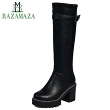 ZALAVOR/Размеры 33-43, женские сапоги до колена на высоком каблуке Женская обувь на толстой платформе с круглым носком и боковой молнией женские зимние теплые сапоги