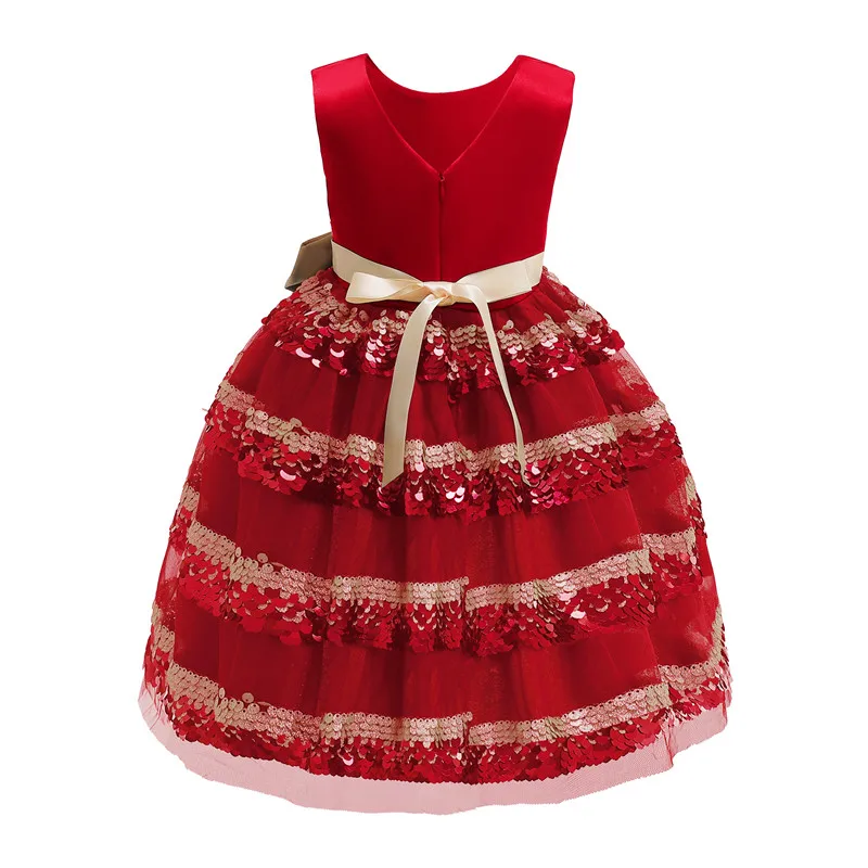 3 Colors New Summer Baby Girls Princess Sequins Cake Dresses Baby Famale Bow Sleeveless Dress Wedding Rose Red 17