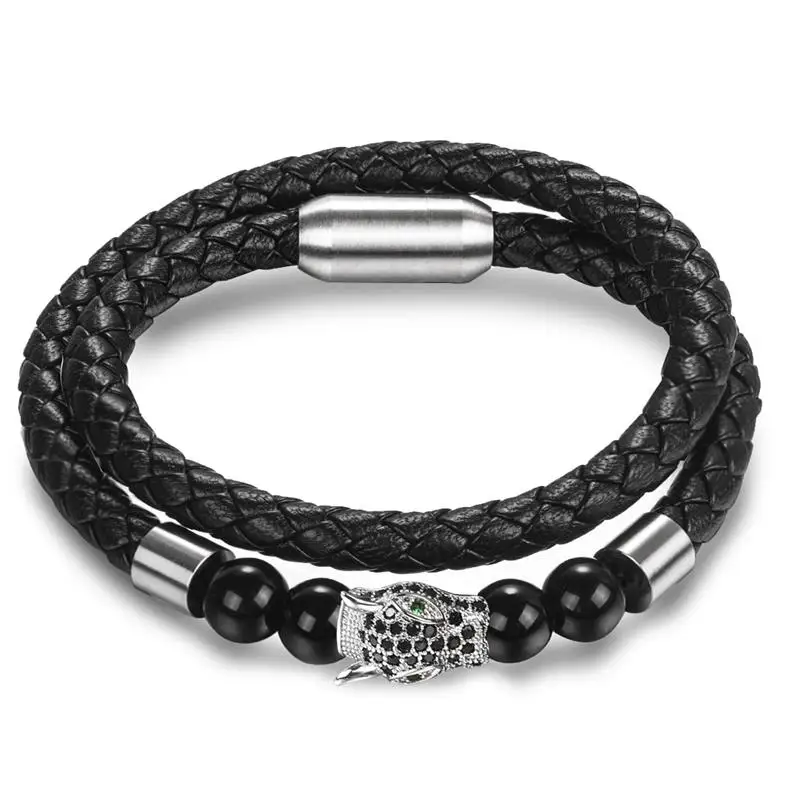 Jiayiqi New Fashion Leather Beaded Bracelet For Men Women Braided Leather Rope Bangles Natural Stone Beads Punk Rock Men Jewelry - Окраска металла: Silver 3