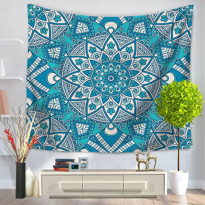 Goedkoop CAMMITEVER Wandkleden Tapestry Hippie Wandtapijten Voor slaapkamer Dorm Blue Mandala Strand Gordijn Muur Art Decor Koningin Sprei
