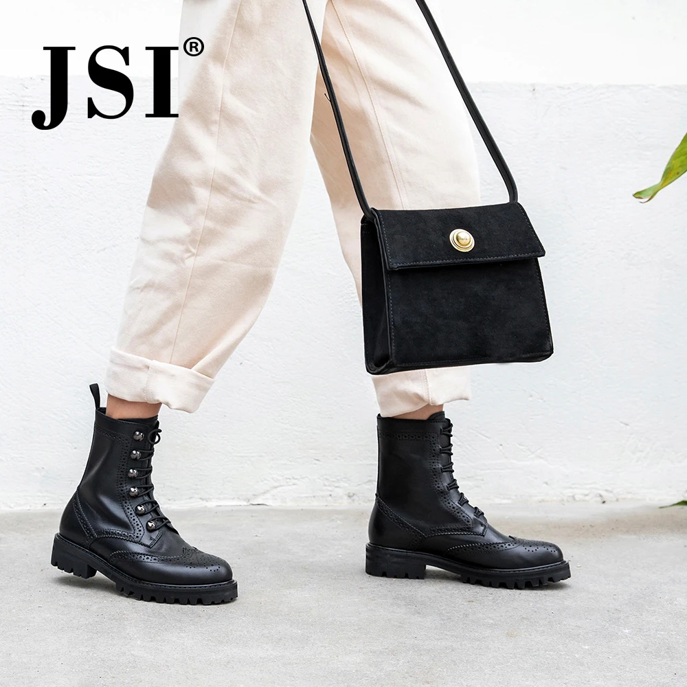 

JSI Boots Women Genuine Leather Buckle Strap Ankle Square Heel Martin Boots Round Toe Shoes Low Heel Female Boots JO262