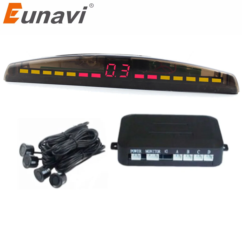 Eunavi Car LED Parking Sensor Kit 4 Sensors 22mm Backlight Display Reverse Backup Radar Monitor System 12V