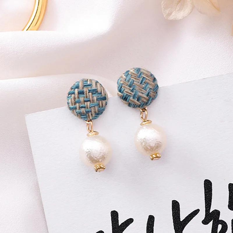 

Autumn and Winter 2018 Simple Sweet Retro Woolen Round Button Simulated Pearl Geometric Drop Earrings for Women Handmade Jewelry