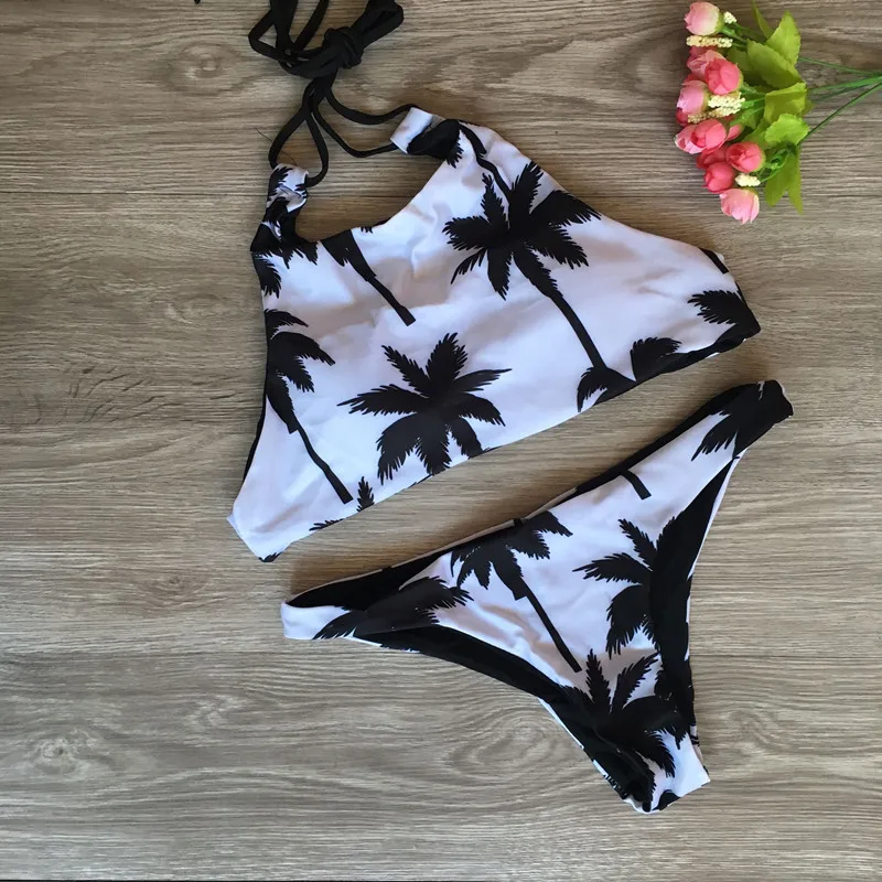 

Print Floral Palm Tree Bikini Set Halter Crop Top Hang High Neck Bikinis Set Push Up Swimwear Women Swimsuit Beach Bathing Suit