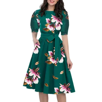 

CHGOISIO 2019 New Summer Women Dress A-line Elegant O-neck Half Sleeve Pocket Sashes Knee-length Casual Sundress Robe Femme 9617