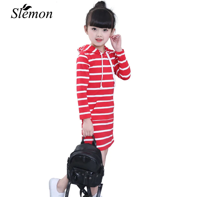 

Children Girls Clothes Long Sleeve T-shirt Dress 2018 New Spring Autumn Casual Striped Hooded Dresses with Pocket for Teens Girl