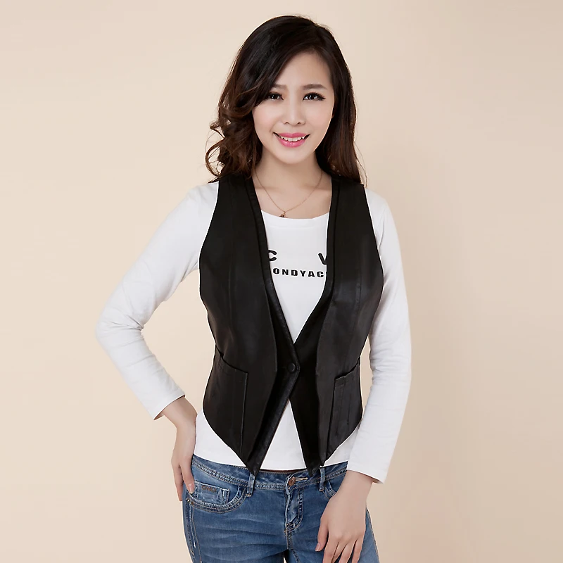 Hottest 2014 Fashion Black PU Leather women's vest Single Button Vests Female Sleeveless