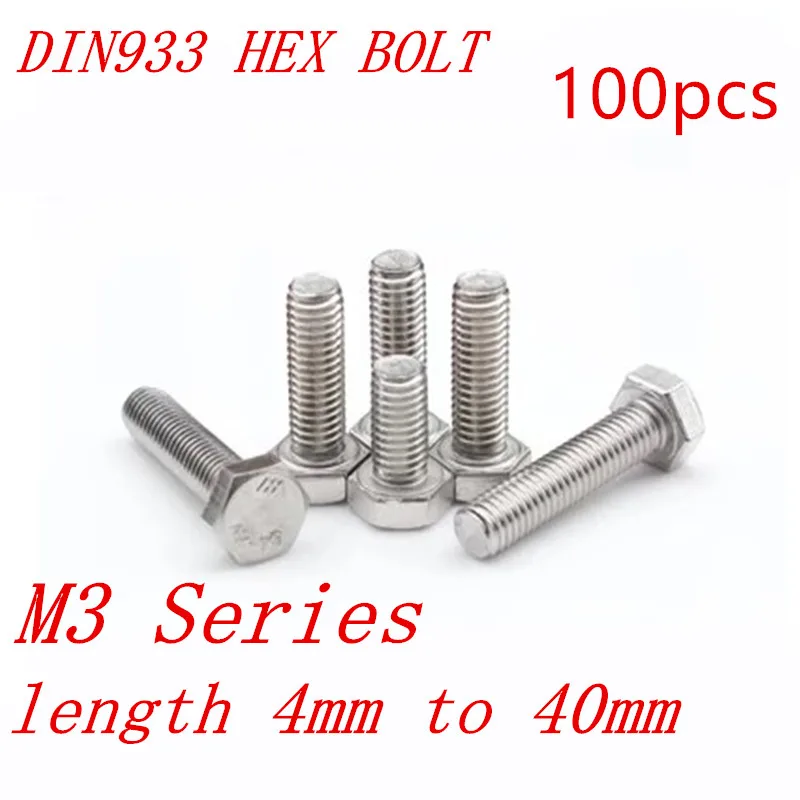 

100pcs DIN933 M3 3mm 304 stainless steel hex bolt M3*6/8/10/12/1/16/18/20/25/30/35/40mm