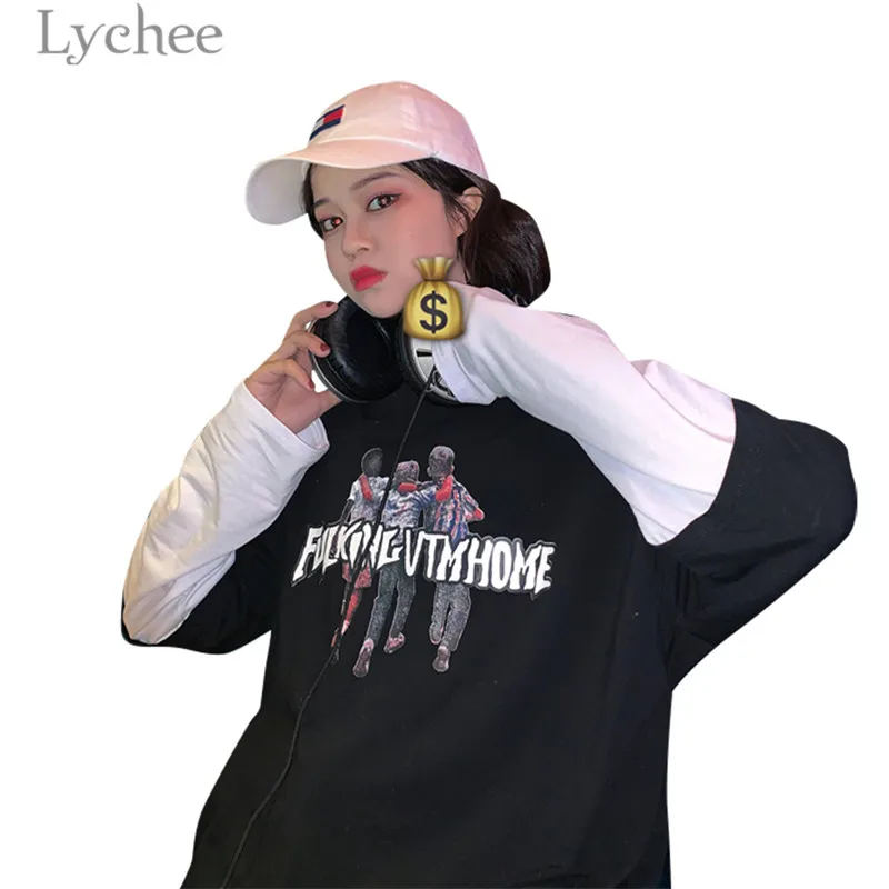 

Lychee Harajuku Character Letter Print Fake 2 Pieces Women T Shirt Long Sleeve O-Neck T Shirt Spring Autumn Tee Top Female