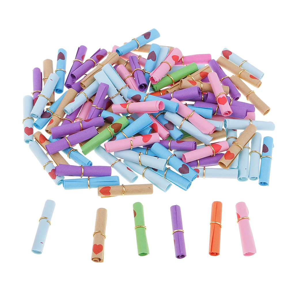 100x Message Wish Paper Scrolls for Wish Bottle Charms Party Favor DIY Craft Colorful Heart Printed Wishing Paper Scroll