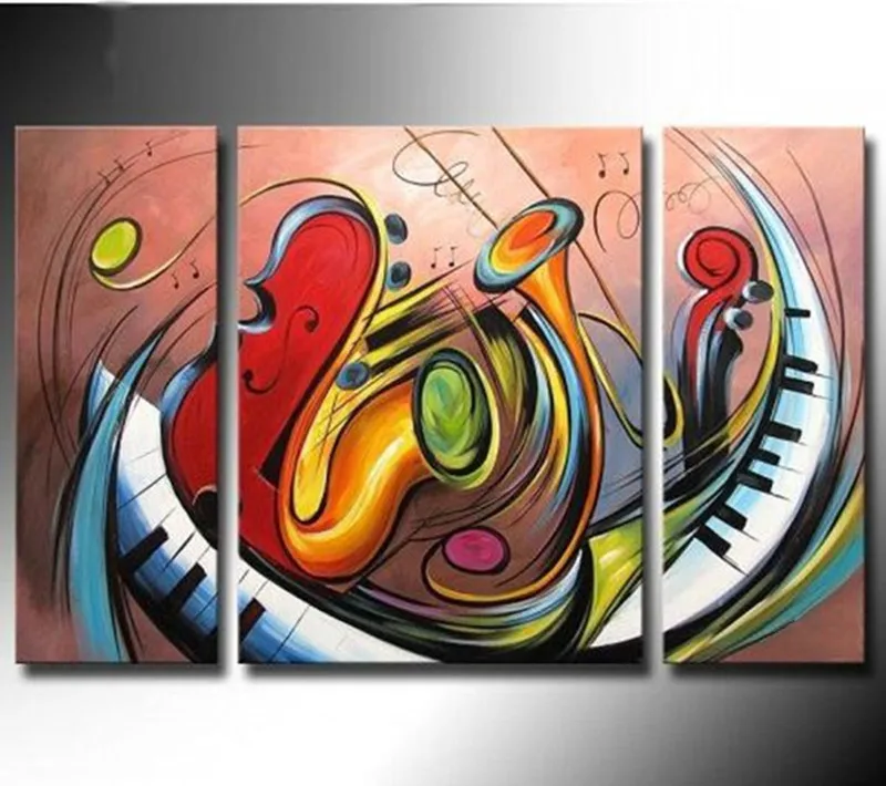 3 Panel Wall Art Hand Painted Colorful Abstract Musical Instruments Oil