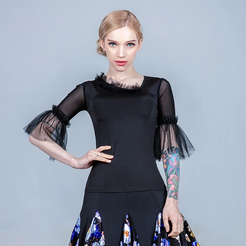 black top Женская юбка для бальных танцев, юбки для бальных танцев, топы для фламенко, юбка для испанского фламенко, костюм для вальса, Одежда для танцев с принтом - Цвет: black top