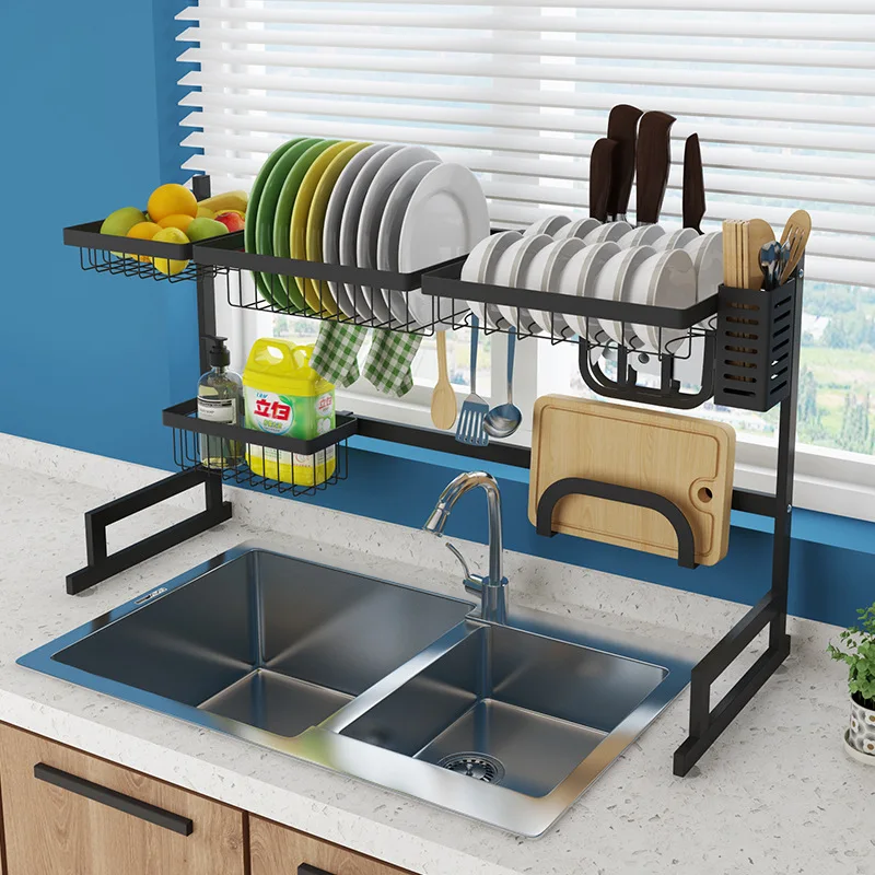 

65/85cm Stainless Steel Kitchen Sink Drain Rack Two layers Dish Rack Storage Shelf Kitchen Organizer